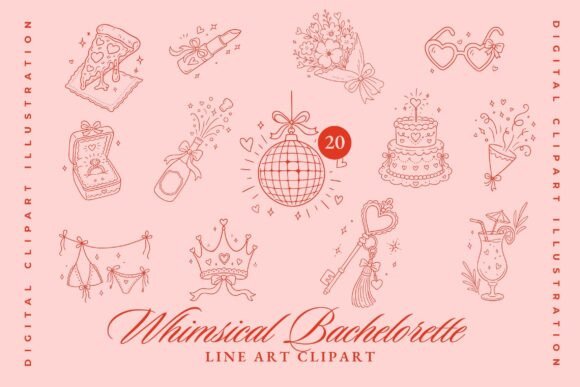 20 Hand Drawn Bachelorette Party Clipart: Graphics & Illustrations