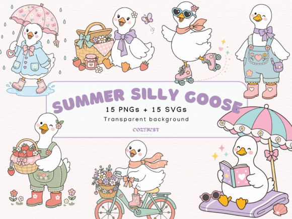 Silly Goose Summer Cliparts: Cute Pastel Graphics & Illustrations